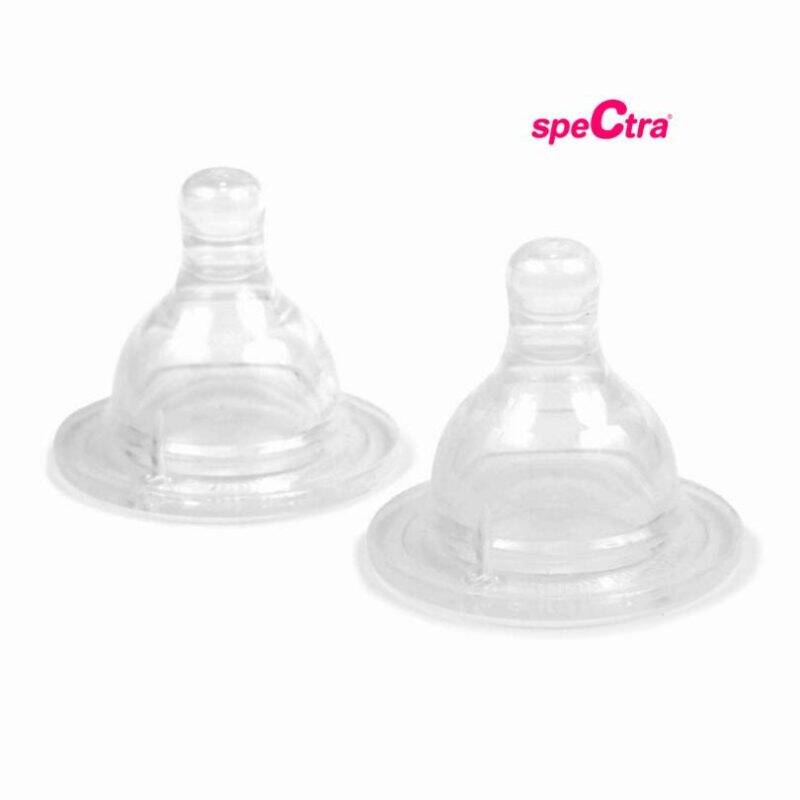 Spectra Wide Neck Teats in medium flow, clear silicone, designed for infants 3 months and older.