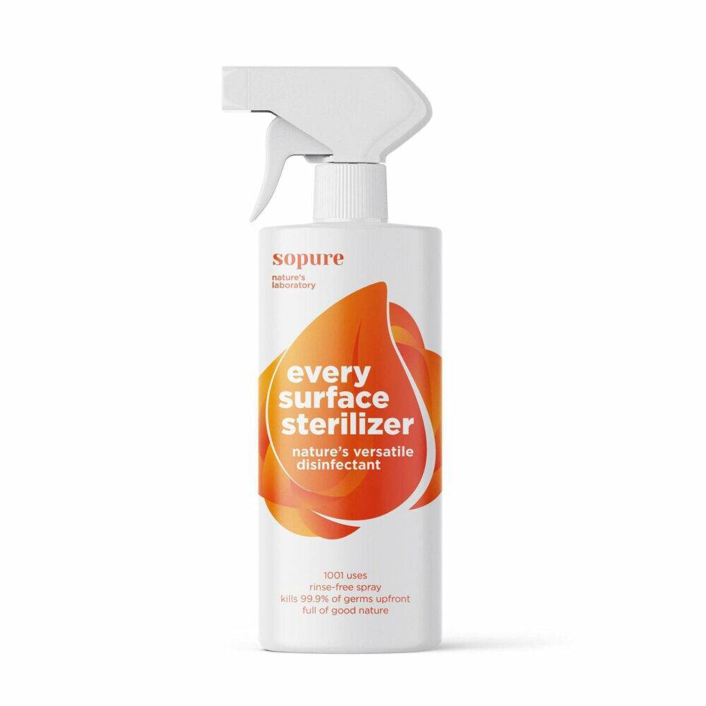 SoPure Every Surface Steriliser, 1 litre, features a spray bottle design with a vibrant orange label promoting its