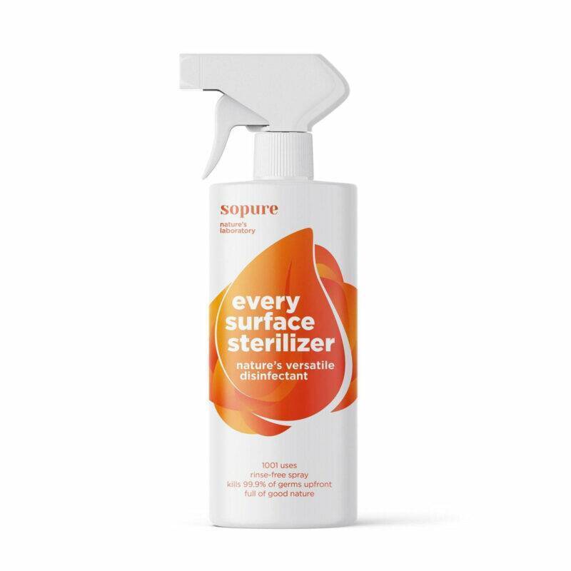 SoPure Every Surface Steriliser, 1 litre, features a spray bottle design with a vibrant orange label promoting its
