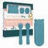 We Might Be Tiny Feedie Fork and Spoon Set in Blue Dusk with a bear-shaped case for easy travel.