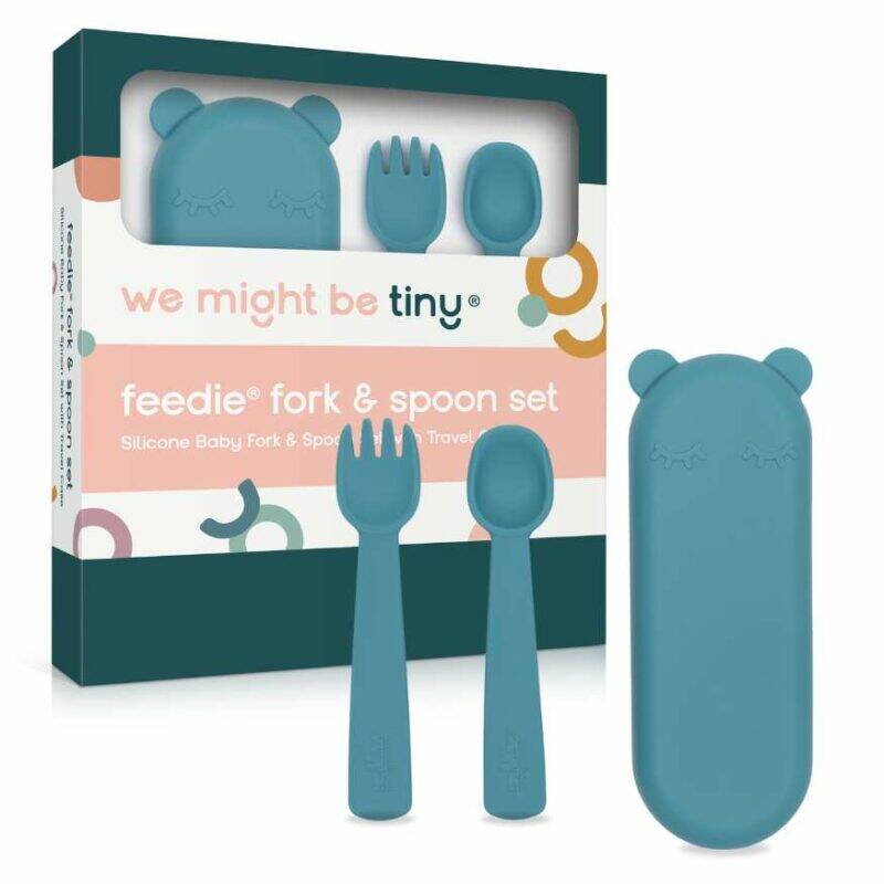 We Might Be Tiny Feedie Fork and Spoon Set in Blue Dusk with a bear-shaped case for easy travel.