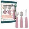 We Might Be Tiny toddler Feedie cutlery set in Blue Dusk and dusty rose with stainless steel utensils and silicone handles.