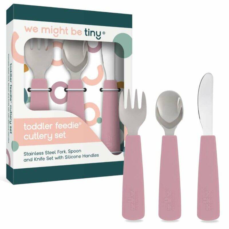 We Might Be Tiny toddler Feedie cutlery set in Blue Dusk and dusty rose with stainless steel utensils and silicone handles.