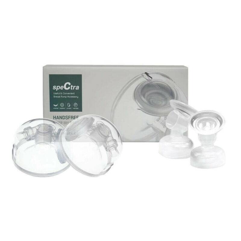Spectra Handsfree Cup Set, clear, includes two breast pump cups in sizes 24mm and 28mm, packaged in a sleek box.