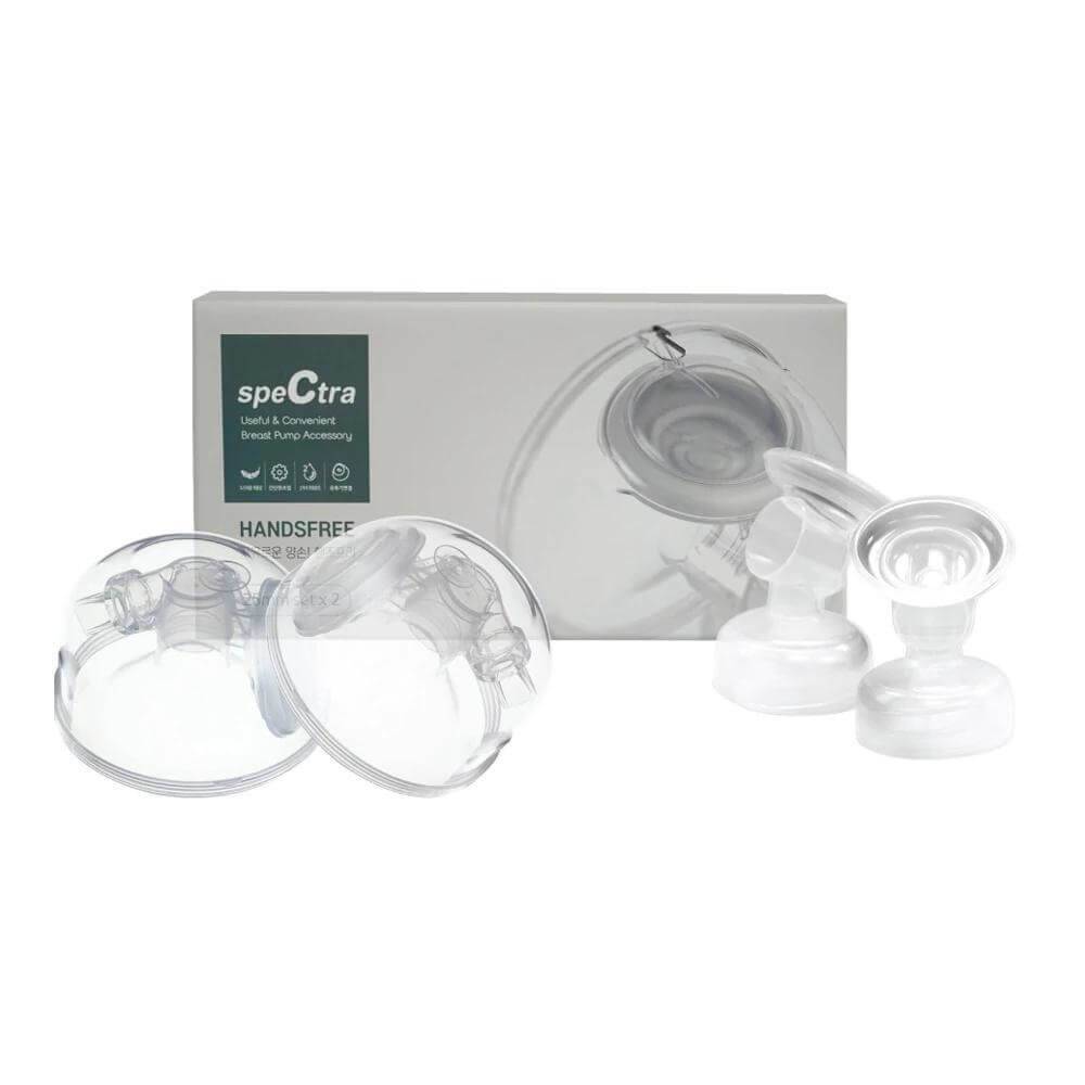 Spectra Handsfree Cup Set, clear, includes two breast pump cups in sizes 24mm and 28mm, packaged in a sleek box.