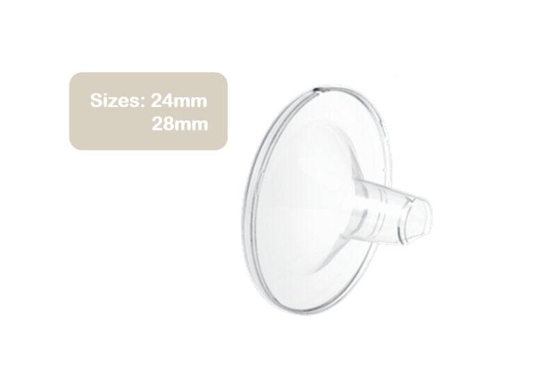 Spectra Handsfree Cup Set in clear, featuring a funnel with a 24mm and 28mm size option for breast pumps.