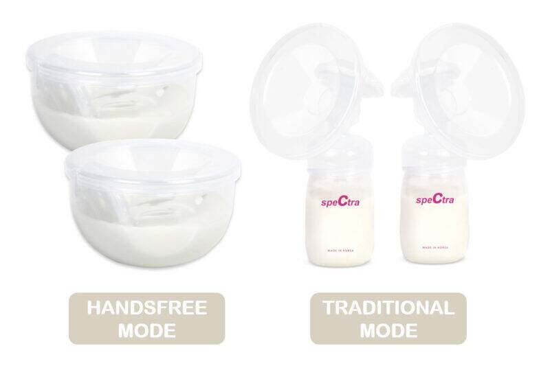Spectra Handsfree Cup Set with two collection cups and traditional mode bottles, designed for comfortable pumping.