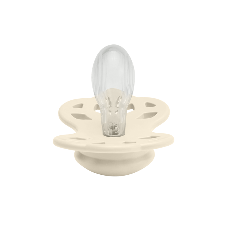 BIBS Infinity Pacifier in Blush and Vanilla, size 1, features a symmetrical design with a unique butterfly shape.