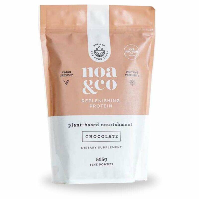 Noa & Co Replenishing Protein Powder in chocolate flavor, 525g bag, features a sleek design with plant-based nourishment