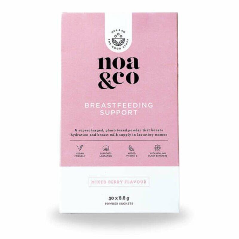Noa & Co Breastfeeding Support, 30 sachets, mixed berry flavor, plant-based powder for hydration and lactation support.