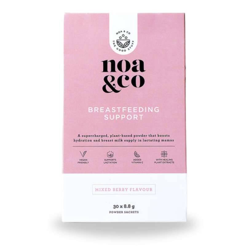 Noa & Co Breastfeeding Support, 30 sachets, mixed berry flavor, plant-based powder for hydration and lactation support.