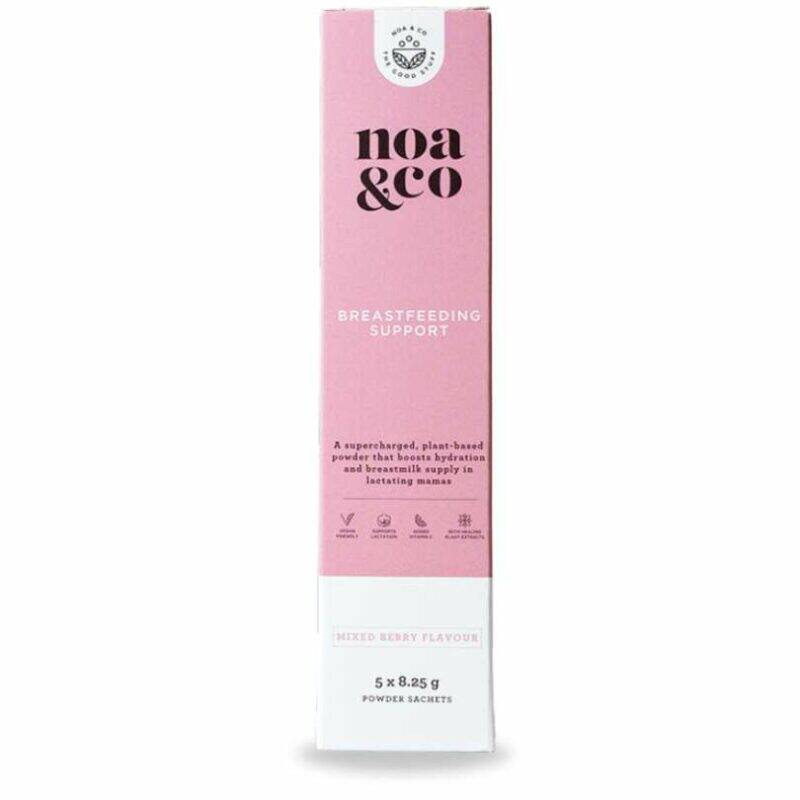 Noa & Co Breastfeeding Support, 10 sachets, mixed berry flavor, in a pink and white box.