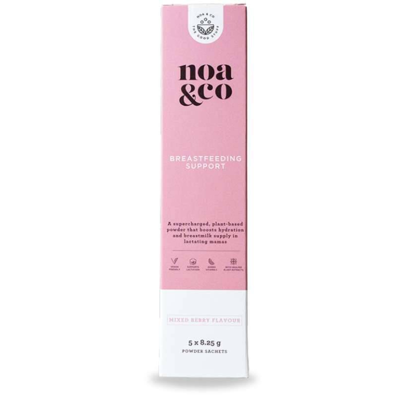 Noa & Co Breastfeeding Support, 10 sachets, mixed berry flavor, in a pink and white box.