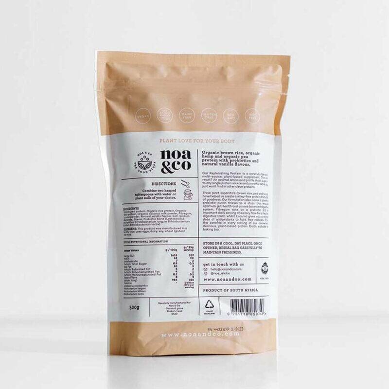 Noa & Co Replenishing Protein Powder in a beige bag, showcasing the back with nutritional information and preparation