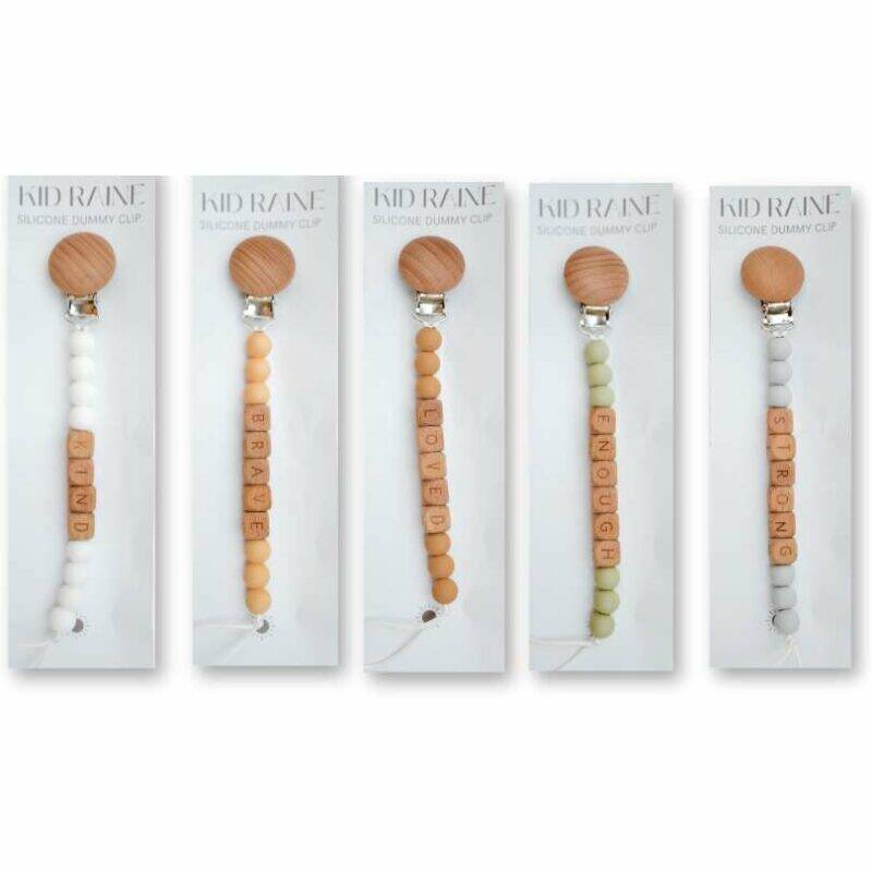 Kid Raine Set of 5 Affirmations Dummy Clip Set featuring silicone clips in blues, neutrals, and pinks with motivational