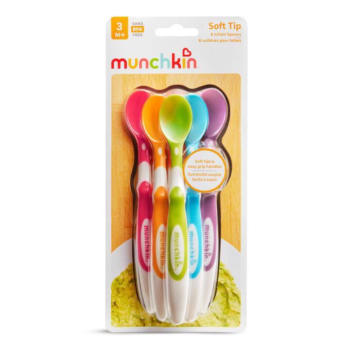 Munchkin Soft Tip Infant Spoon 6-pack in vibrant colors with soft tips for easy feeding, BPA-free design.