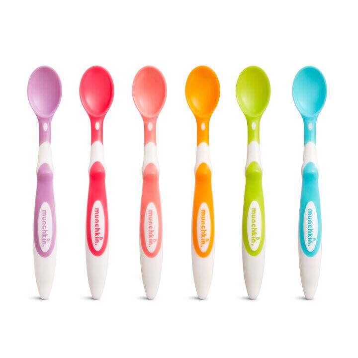 Munchkin Soft Tip Infant Spoon set in pink, purple, orange, green, and blue, featuring soft tips for gentle feeding.