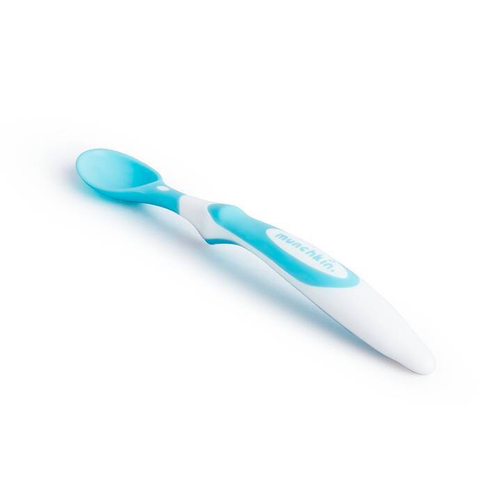 Munchkin Soft Tip Infant Spoon in blue and white, featuring a flexible tip for gentle feeding.