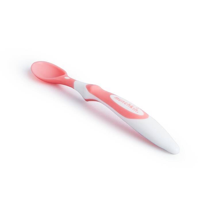 Munchkin Soft Tip Infant Spoon in pink and white, featuring a soft tip for gentle feeding.