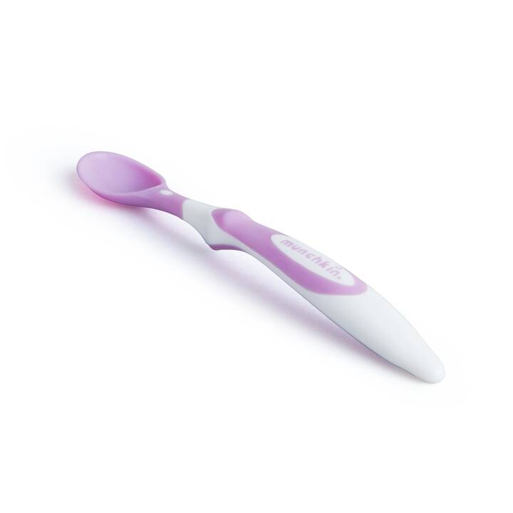 Munchkin Soft Tip Infant Spoon in purple and white, featuring a gentle tip for safe feeding.