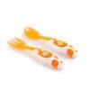 Munchkin multi-coloured fork and spoon set in orange with playful polka dots, designed for toddlers.