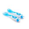 Munchkin multi-coloured fork and spoon set in blue with playful polka dots, designed for toddlers.