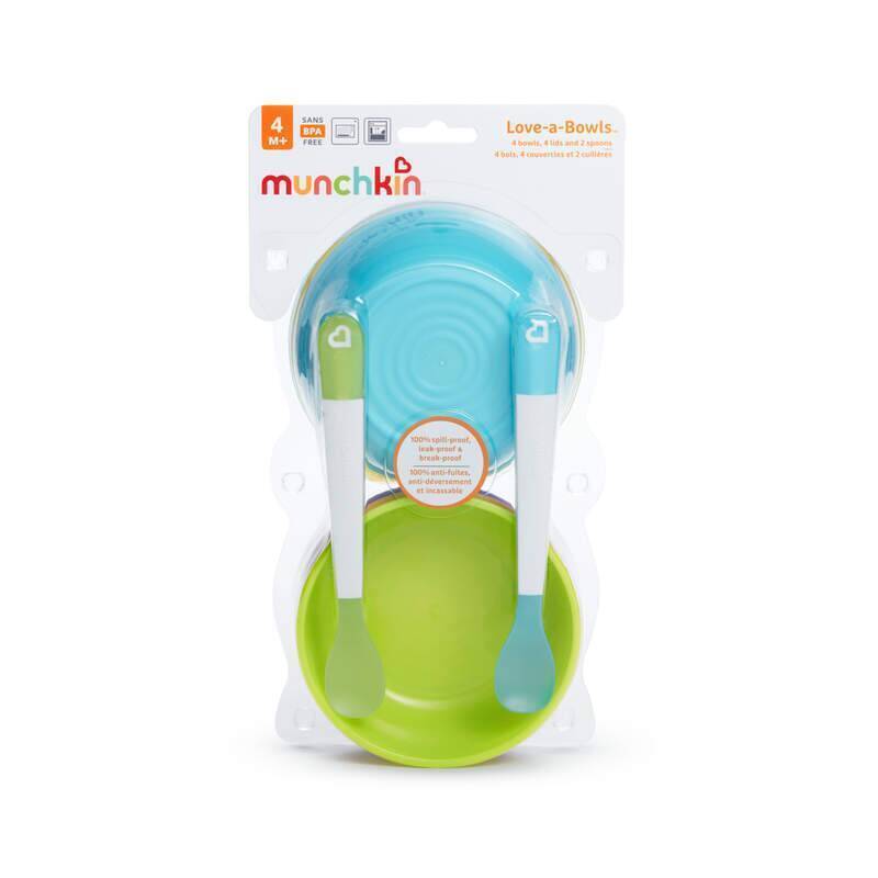 Munchkin Love-A-Bowls 10Pk featuring blue and green bowls with matching spoons, designed for easy feeding.