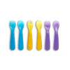 Munchkin Colour Reveal Toddler Forks & Spoons Set in blue, yellow, and purple, featuring six colorful utensils for kids.