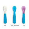 Munchkin Colour Reveal toddler spoons set showing three spoons changing color with temperature: white, blue, and purple