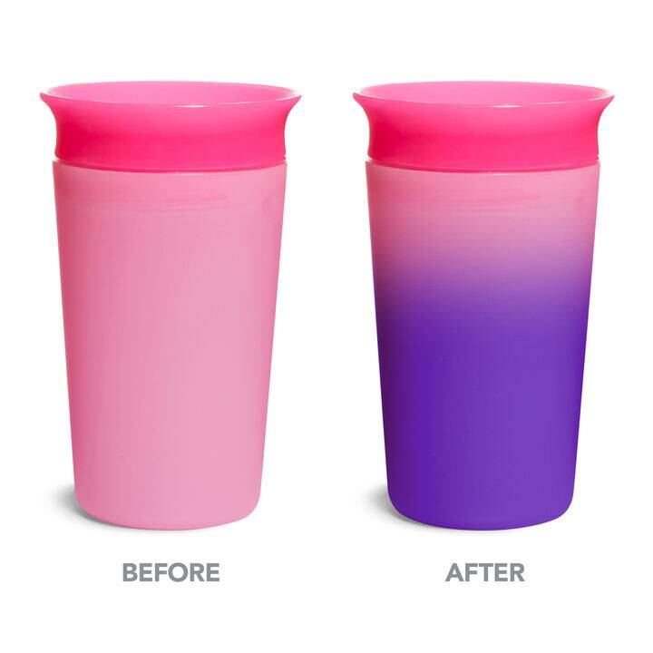 Munchkin Miracle 360° Colour Changing Cup in pink, transitioning to purple, showcasing before and after color change.