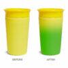 Munchkin Miracle 360° Colour Changing Cup in yellow, transitioning to green, showcasing before and after color change effect.