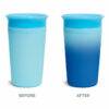 Munchkin Miracle 360° Colour Changing Cup in blue, showing before and after color change from light blue to dark blue.