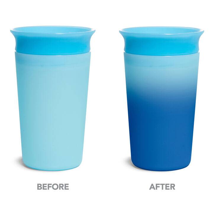 Munchkin Miracle 360° Colour Changing Cup in blue, showing before and after color change from light blue to dark blue.