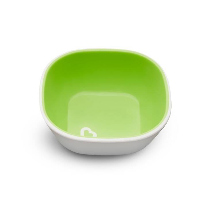 Munchkin Splash Bowls 2 Pack in green and blue, featuring a square design with a white outer rim.