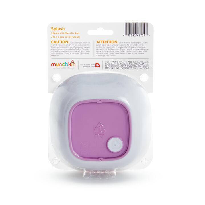 Munchkin Splash Bowls 2 Pack in green/blue and pink/purple with non-slip bases, ideal for mealtime fun.