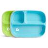 Munchkin Splash Divider Plates 2 Pack in blue and green, featuring three compartments for portion control.