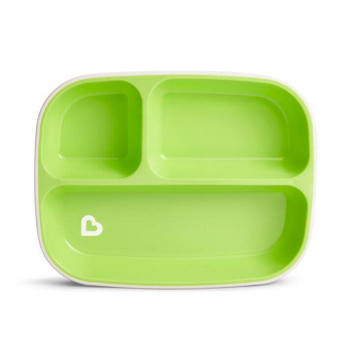 Munchkin Splash Divider Plate in vibrant green with three sections for easy meal separation. Perfect for toddler dining.