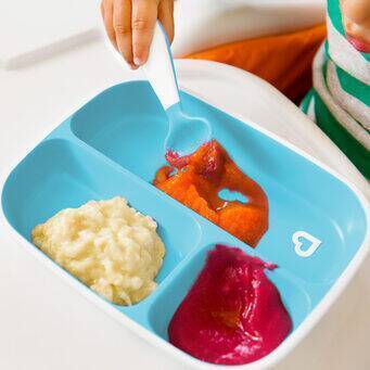 Munchkin Splash Divider Plates in blue and green, featuring three sections with colorful purees for easy mealtime.