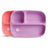 Munchkin Splash Divider Plates 2 Pack in pink and purple with three sections for easy meal separation.