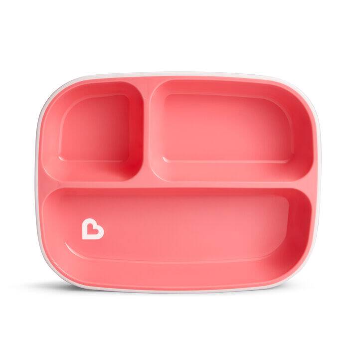 Munchkin Splash Divider Plate in pink with three sections, ideal for serving different foods for kids.