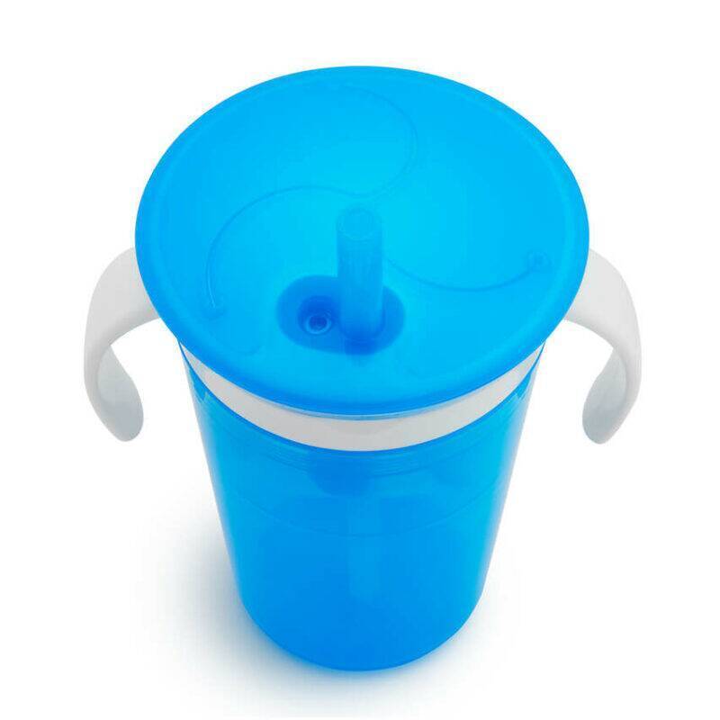 Munchkin Snack And Sip Cup in blue with a white lid and handles, featuring a straw for easy sipping.