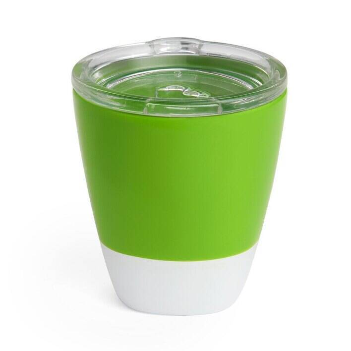 Munchkin Splash Cup in bright green with a white base, showcasing a sleek design and spill-proof lid.