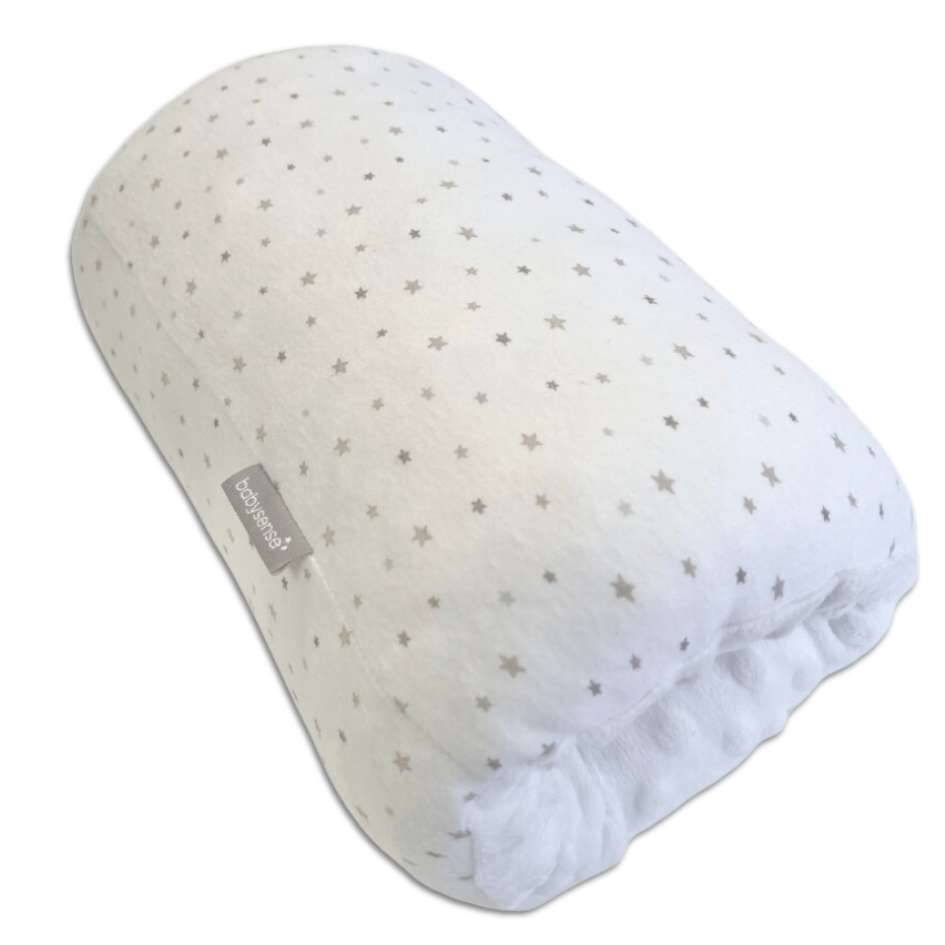 Baby Sense DreamFeed Cushion in white with silver star pattern, designed for comfortable feeding support.