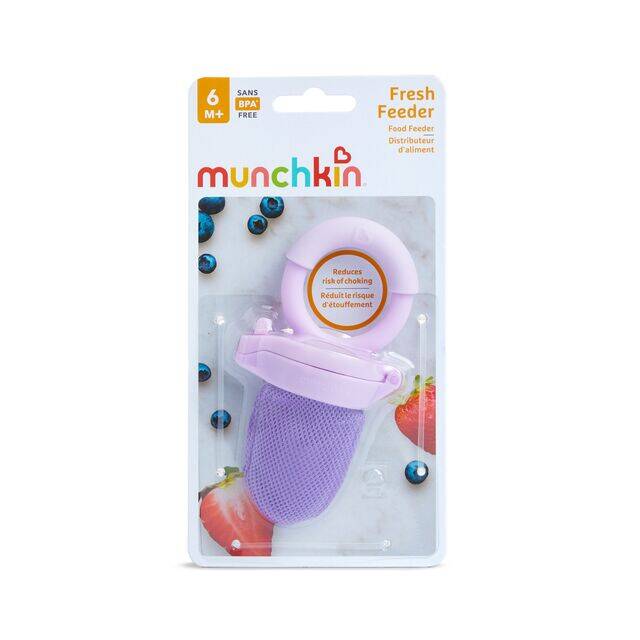 Munchkin Fresh Food Feeder in purple, designed for safe feeding, reduces choking risk, suitable for 6 months and up.