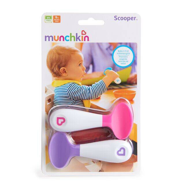 Munchkin Scooper Spoons 2 Pack in blue, green, pink, and purple with ergonomic design for easy feeding.