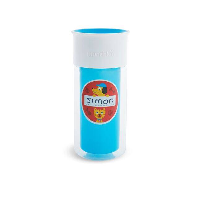 Munchkin Miracle 360° personalised insulated cup in blue with a fun sticker featuring a dog and cat design.