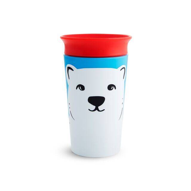 Munchkin Miracle 360° Wild Love Sippy Cup featuring a polar bear design with a red lid and blue accents.