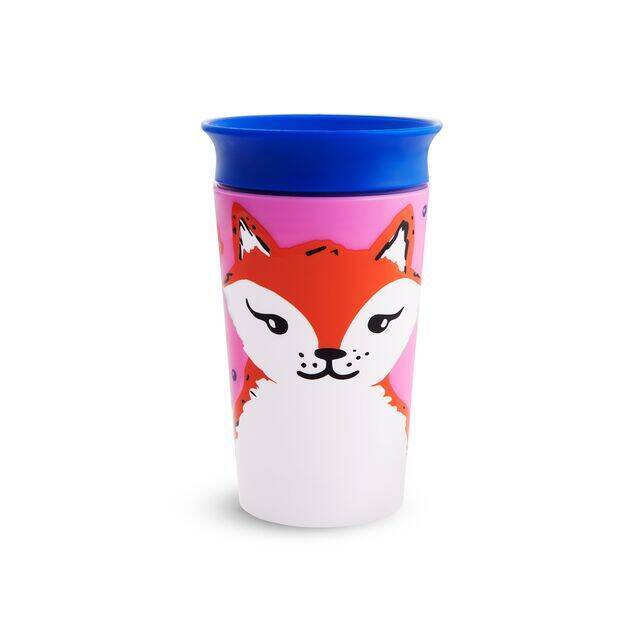 Munchkin Miracle 360° Wild Love Sippy Cup featuring a cute fox design with a blue rim, 266ml capacity.