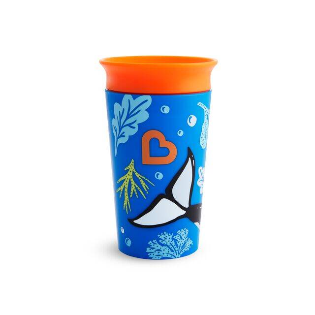Munchkin Miracle 360° Wild Love Sippy Cup in blue with colorful ocean-themed designs and an orange rim.