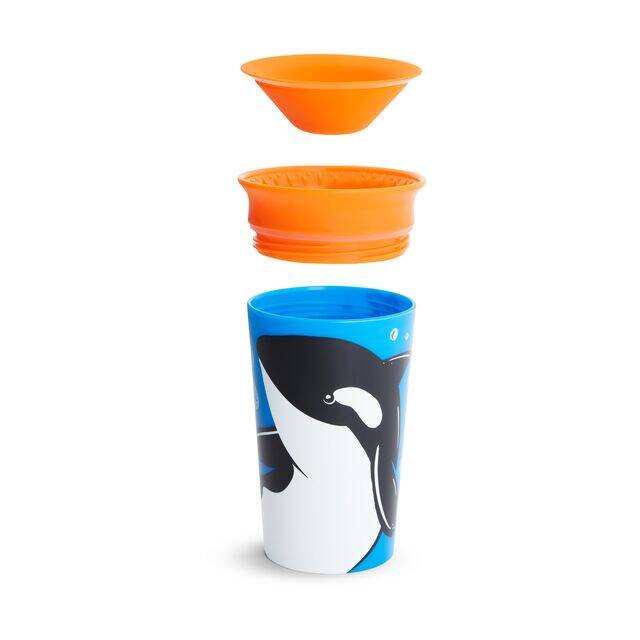 Munchkin Miracle 360° Wild Love Sippy Cup in blue with orca design, showing removable orange lid and top.